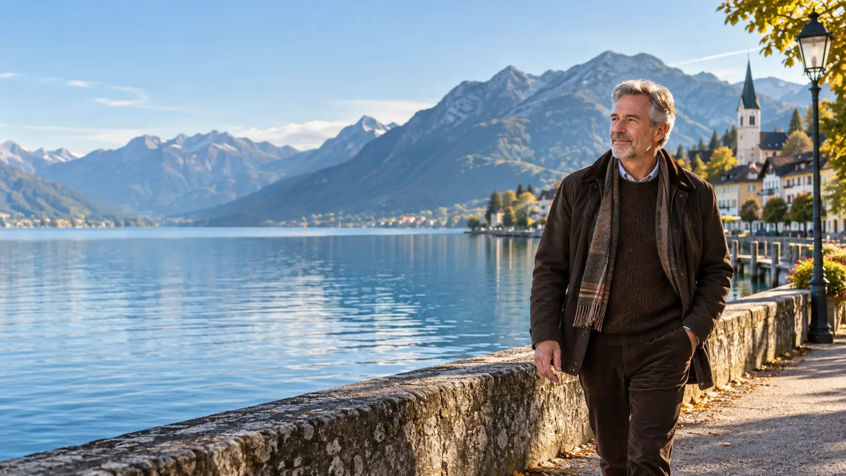 Mann geht an einem österreichischen Alpensee spazieren